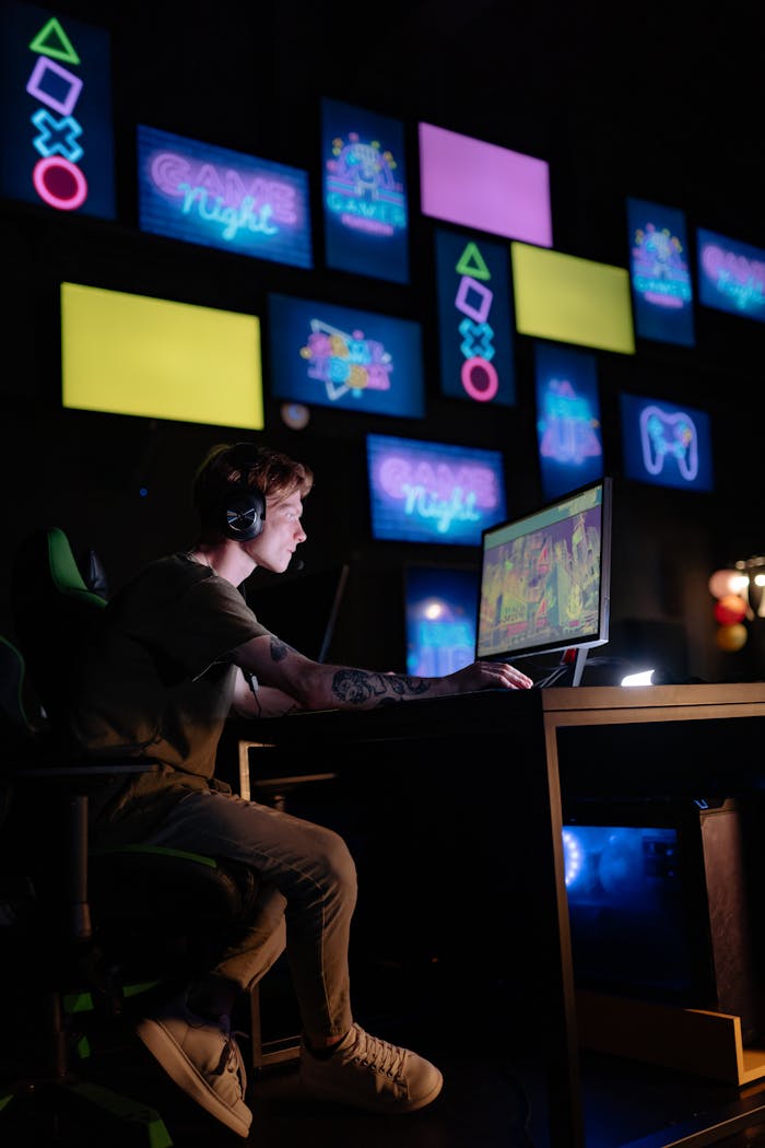 Young gamer engrossed in playing video games with a neon-lit background of multiple screens.